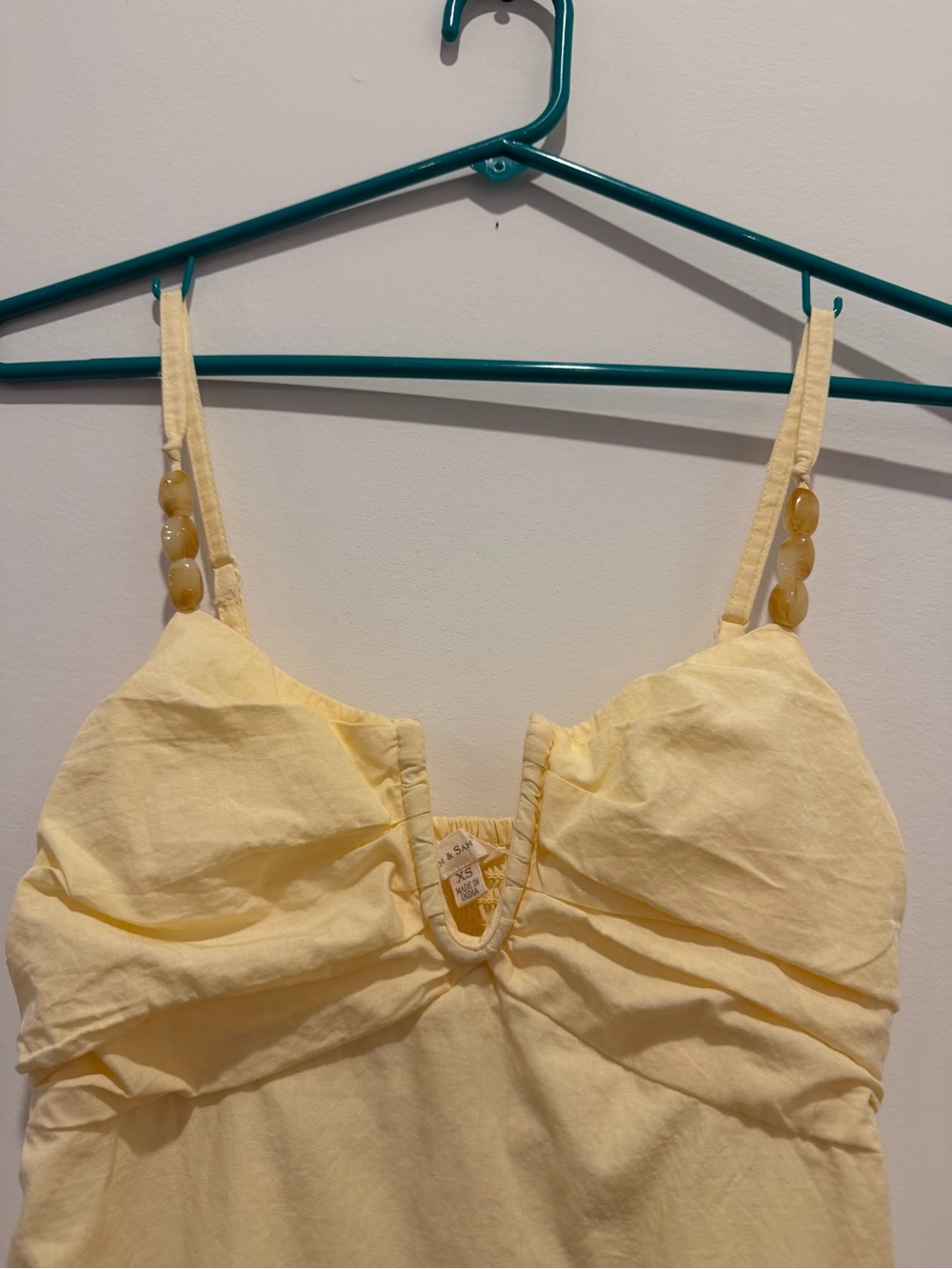 Yellow Ruched Dress with Beaded Straps